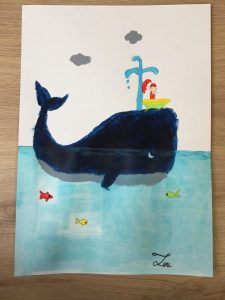 dessin de baleine, orque et cachalot en cours de dessin enfant, atelier encadré par Coraline Van Butsele aux ateliers créatifs de villers-cotterets